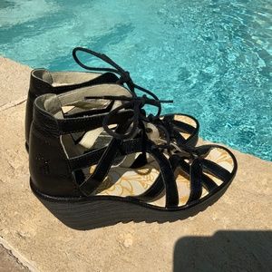 Fly London black lace up wedge sandals 37 (6.5 US)
